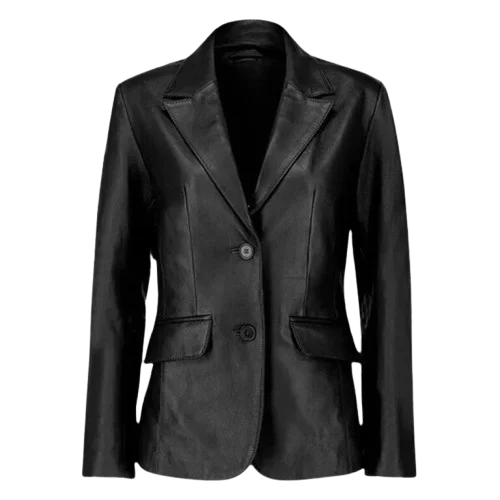 Women’s Black Two Button Leather Blazer